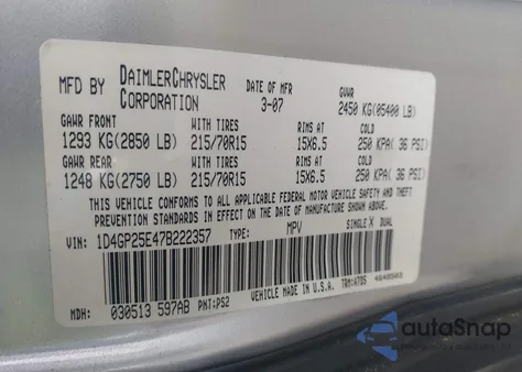 2007 Dodge Caravan Se z USA, uszkodzony, nr VIN 1D4GP25E47B222357